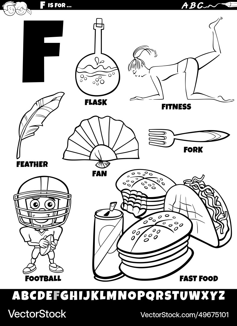 Letter f set with cartoon objects and characters Vector Image