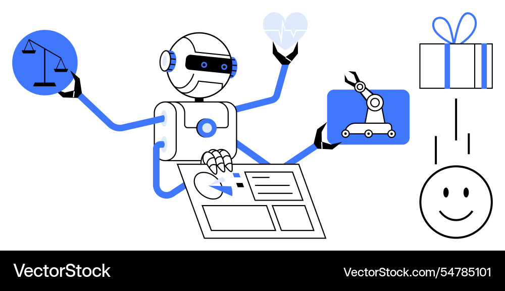 Multifunctional robot managing tasks balance Multifunctional robot managing tasks balance vector image