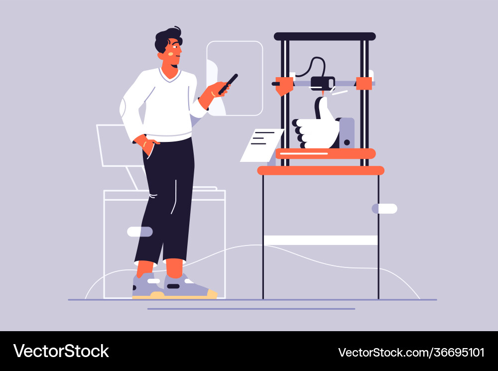 Young guy printing prototype using 3d printer Young guy printing prototype using 3d printer vector image