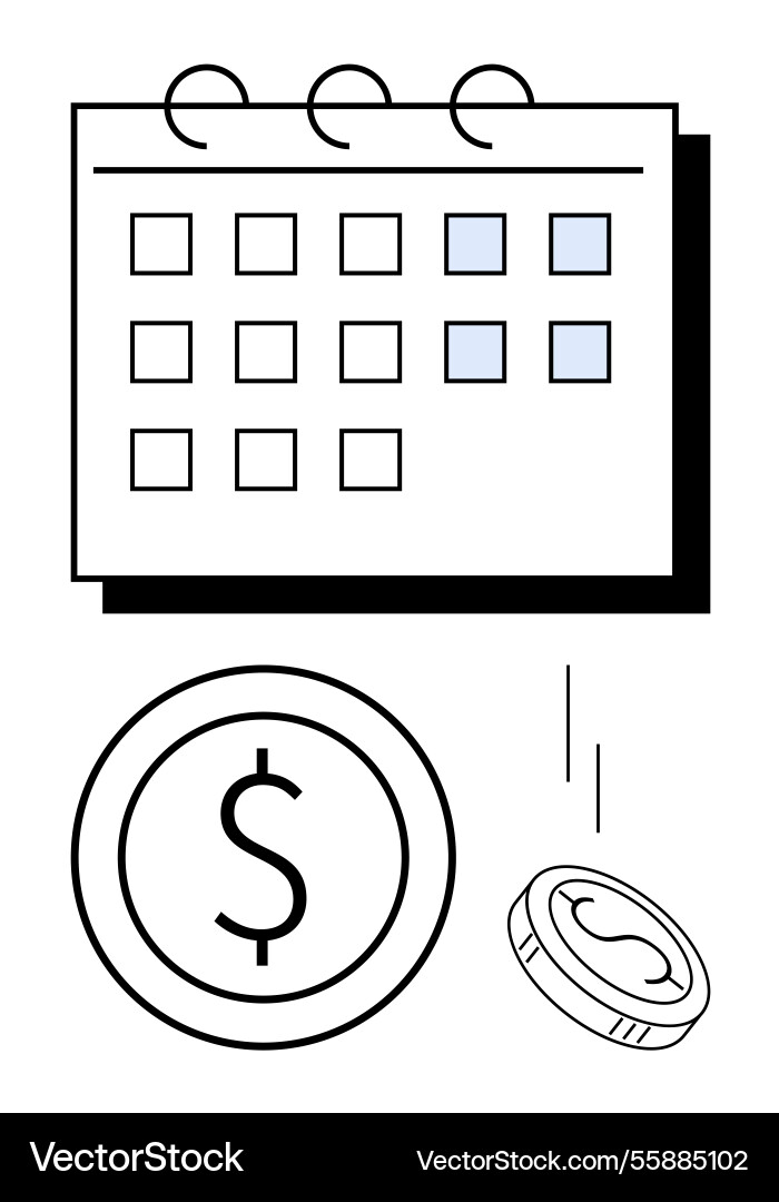 Calendar with highlighted dates and falling coins Calendar with highlighted dates and falling coins Vector Image