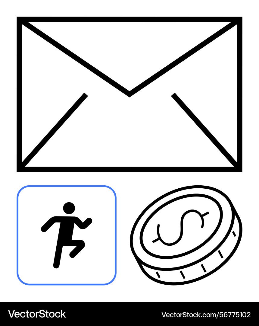 Envelope with running figure and coin representing Envelope with running figure and coin representing vector image