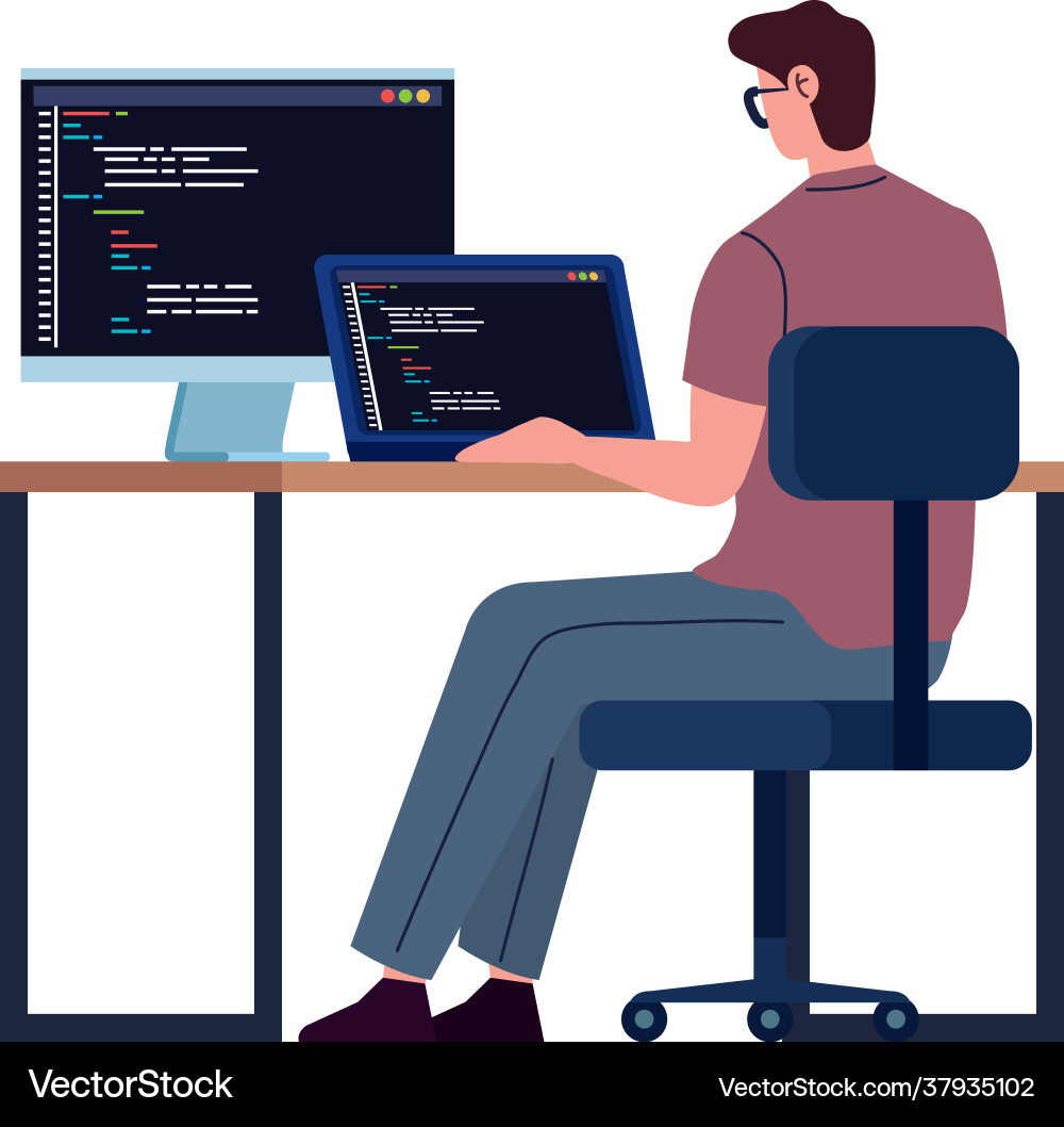 Male programmer working with computers vector image