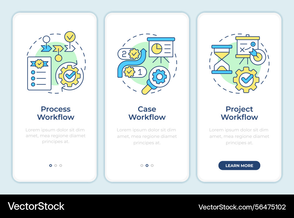 Workflow types onboarding mobile app screen Workflow types onboarding mobile app screen vector image