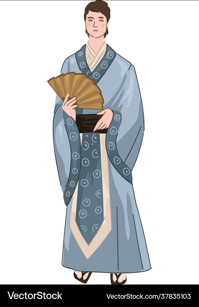 Japanse man wearing traditional kimono holding fan Japanse man wearing traditional kimono holding fan vector image