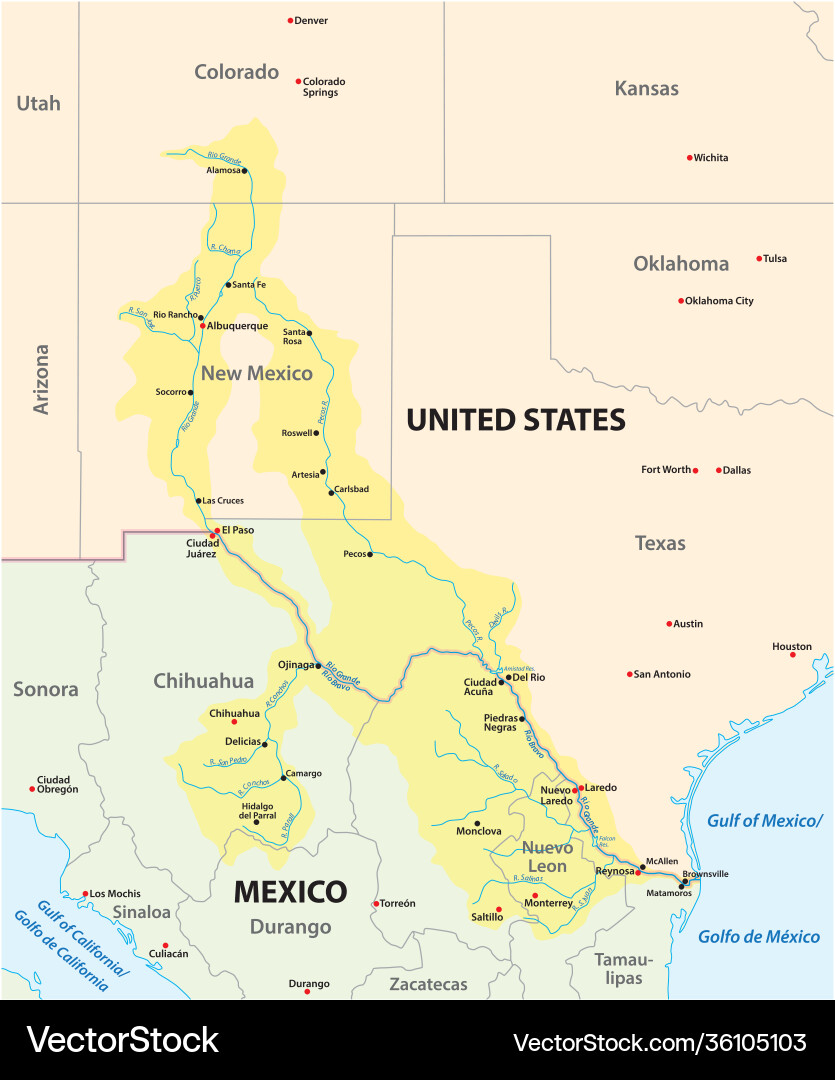 Landkarte rio grande bravo Entwässerungsbecken Landkarte rio grande bravo Entwässerungsbecken vektorbild