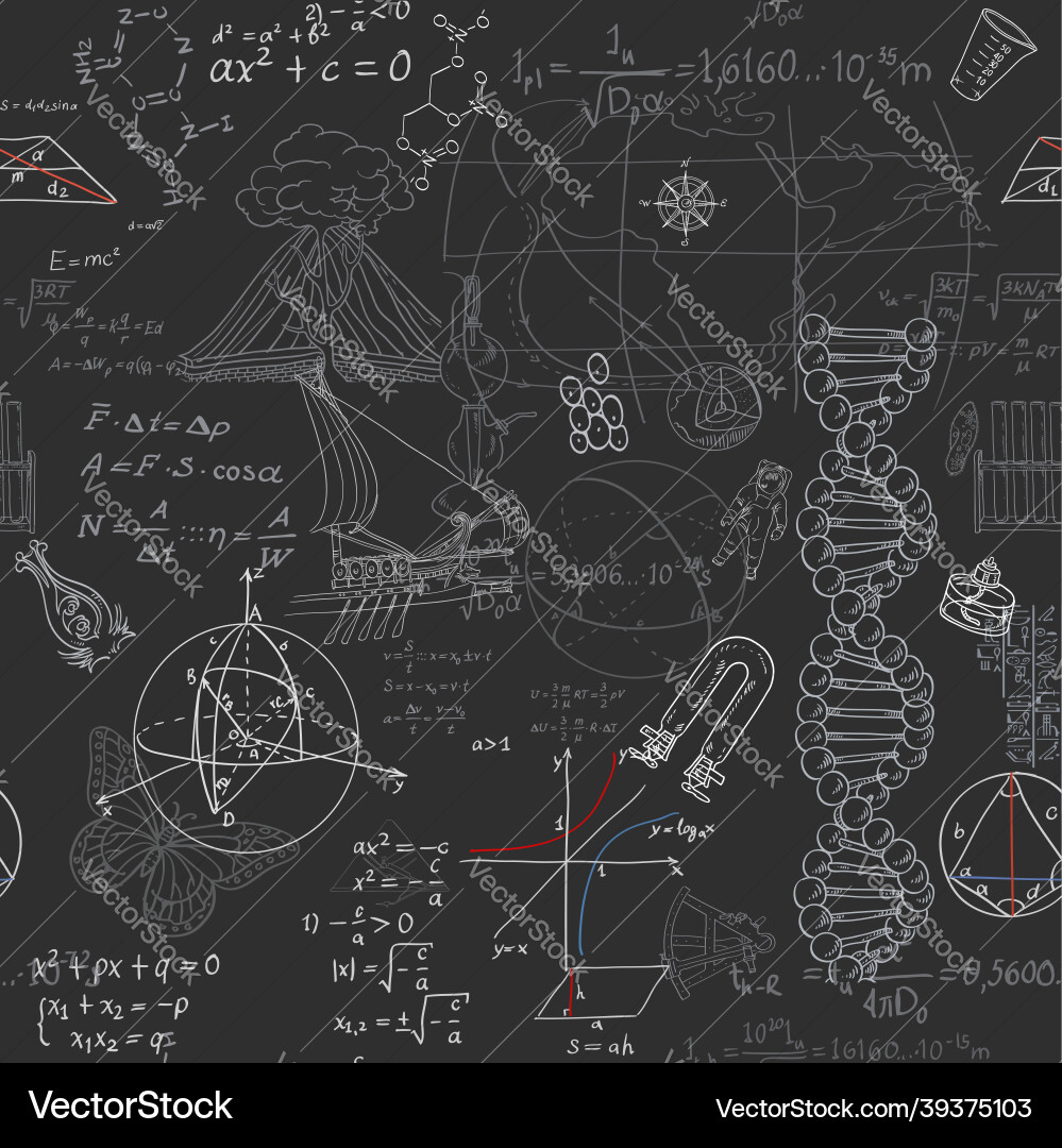 Seamless pattern of the formulas and doodles Vector Image