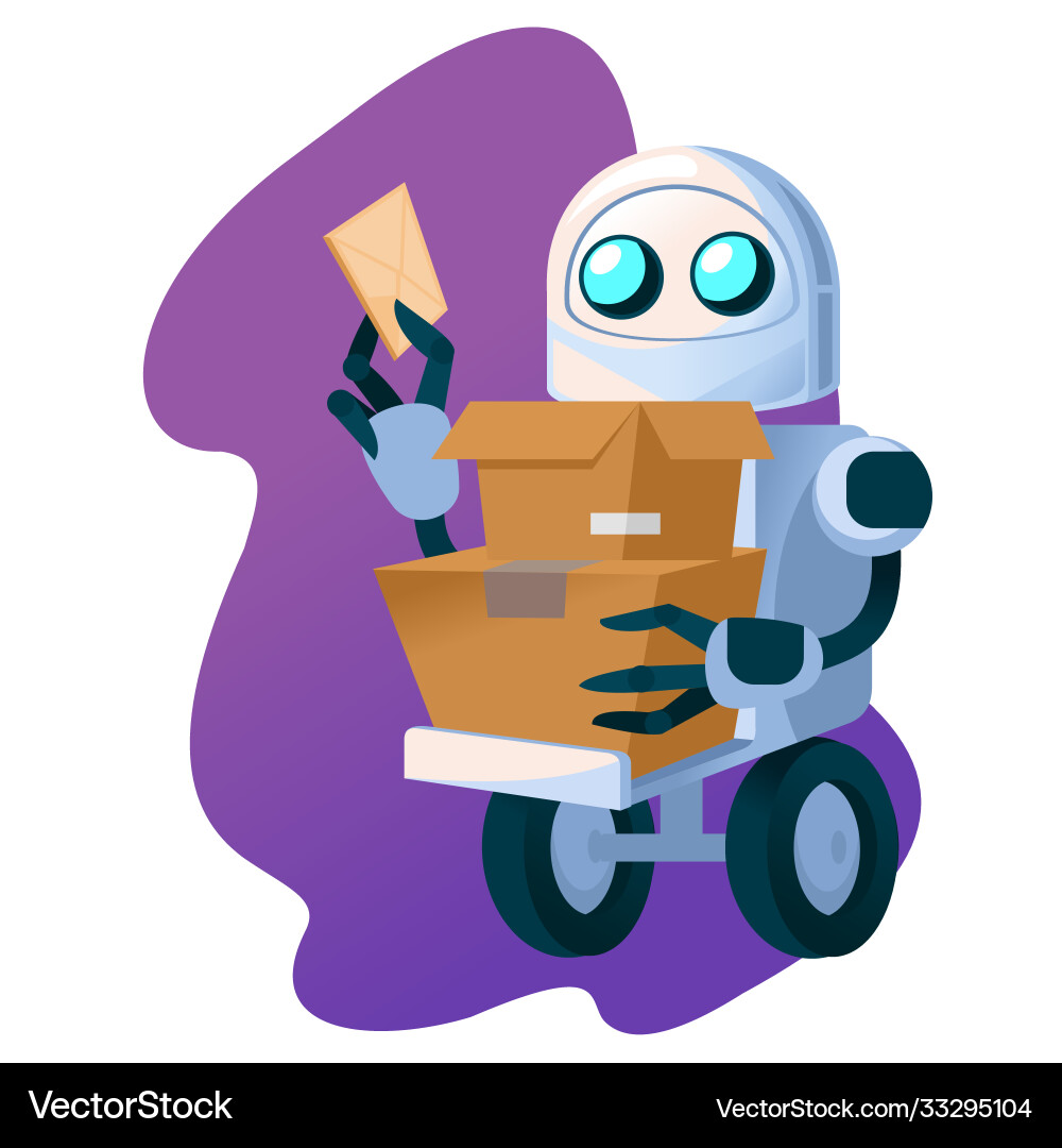 Cartoon color delivery robot character with box Cartoon color delivery robot character with box vector image