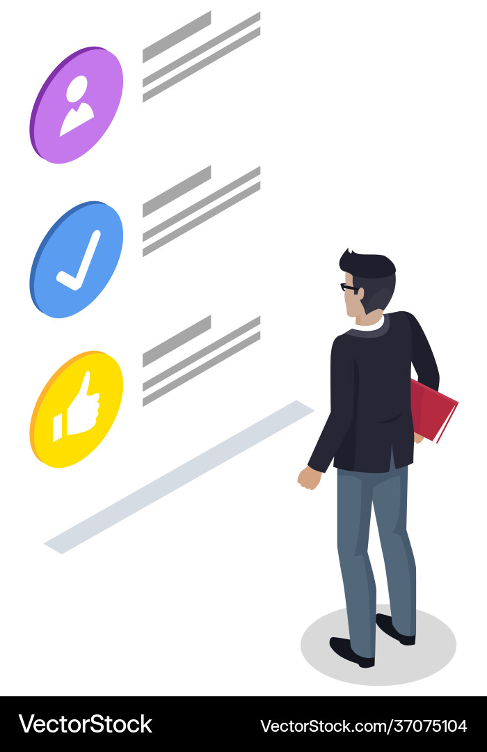 Guy makes notes in clipboard and studies program vector image