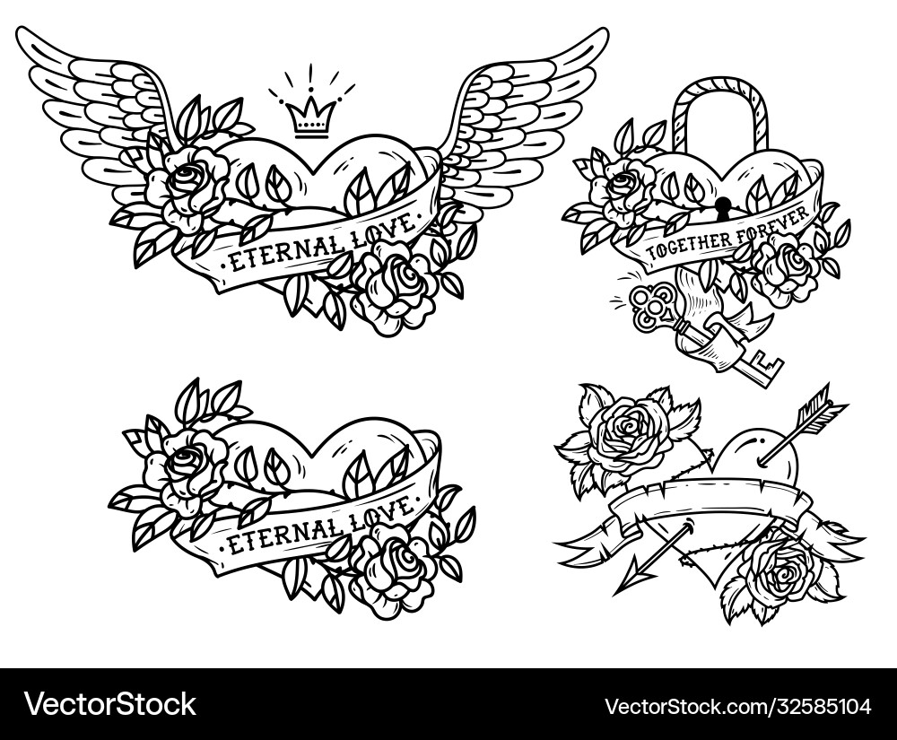 Herz & Rosen Tattoos - Vintage Style Vektorbild