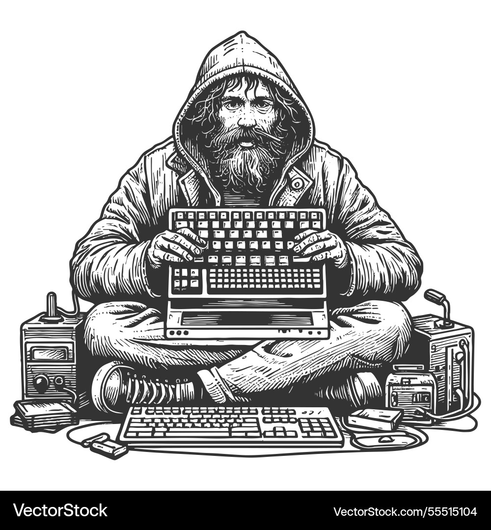 Homeless programmer hacker nomad typing computer Homeless programmer hacker nomad typing computer vector image