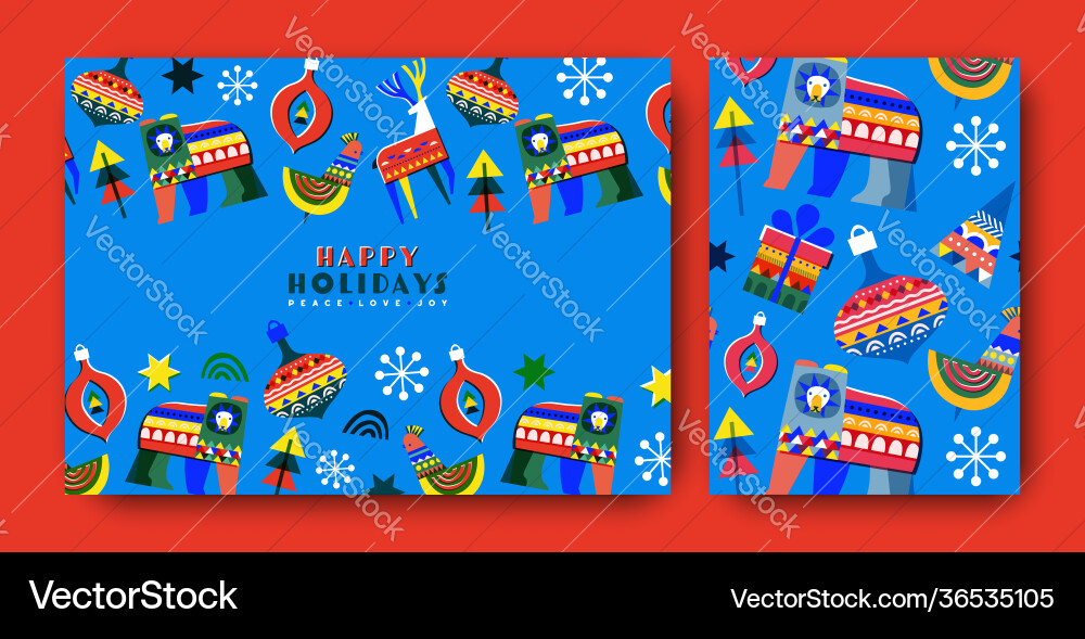 Glücklicher Urlaub bunte Folk Winter Tierkarte Set Glücklicher Urlaub bunte Folk Winter Tierkarte Set vektorbild