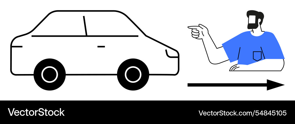 Man pointing towards a car moving in the same Man pointing towards a car moving in the same vector image