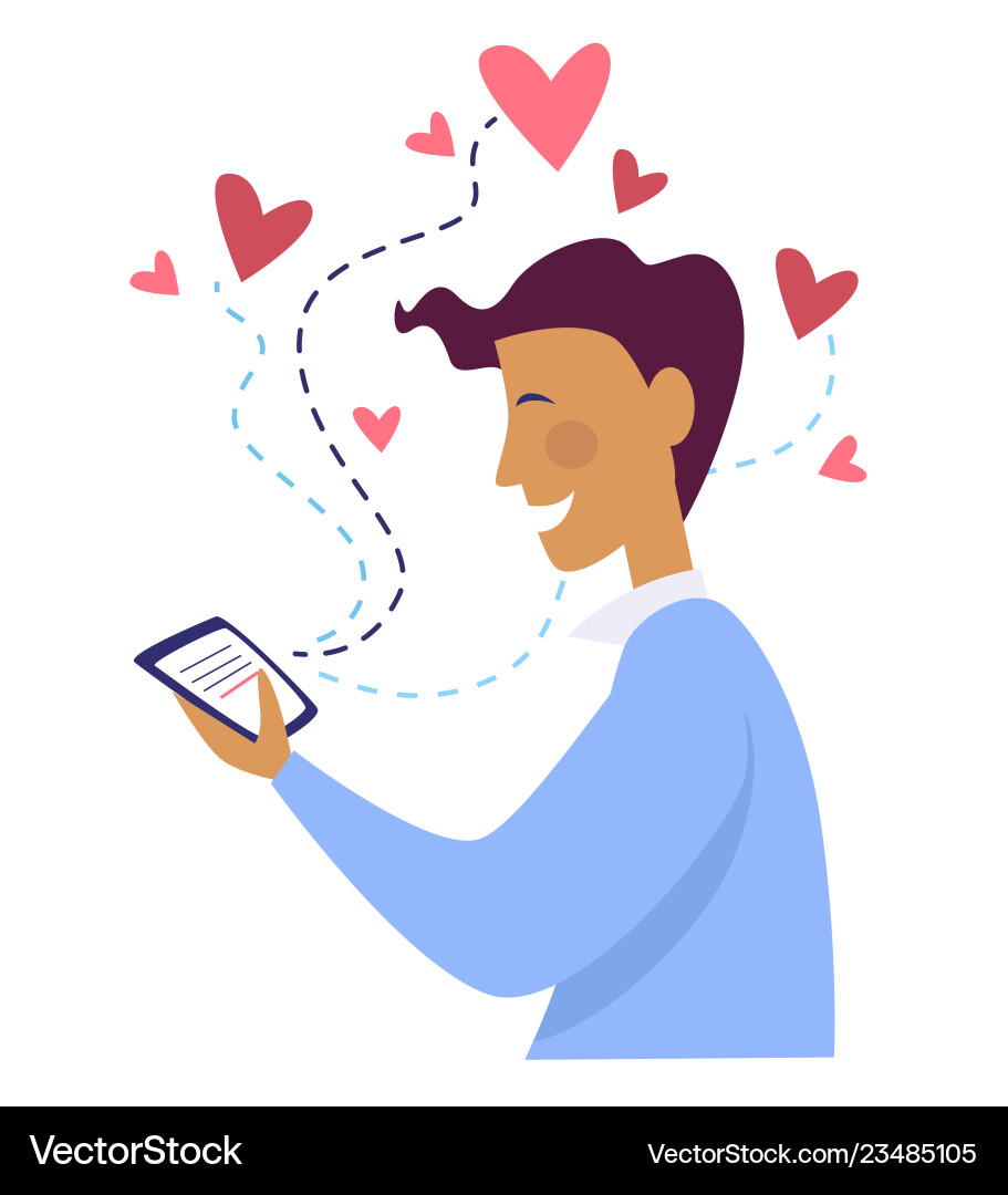 Man smiling looking at phone and texting Man smiling looking at phone and texting vector image