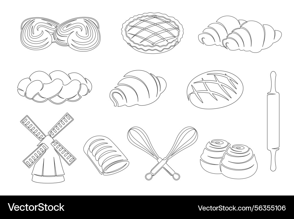 Bread croissant bun apple pie continuous one line Bread croissant bun apple pie continuous one line Vector Image