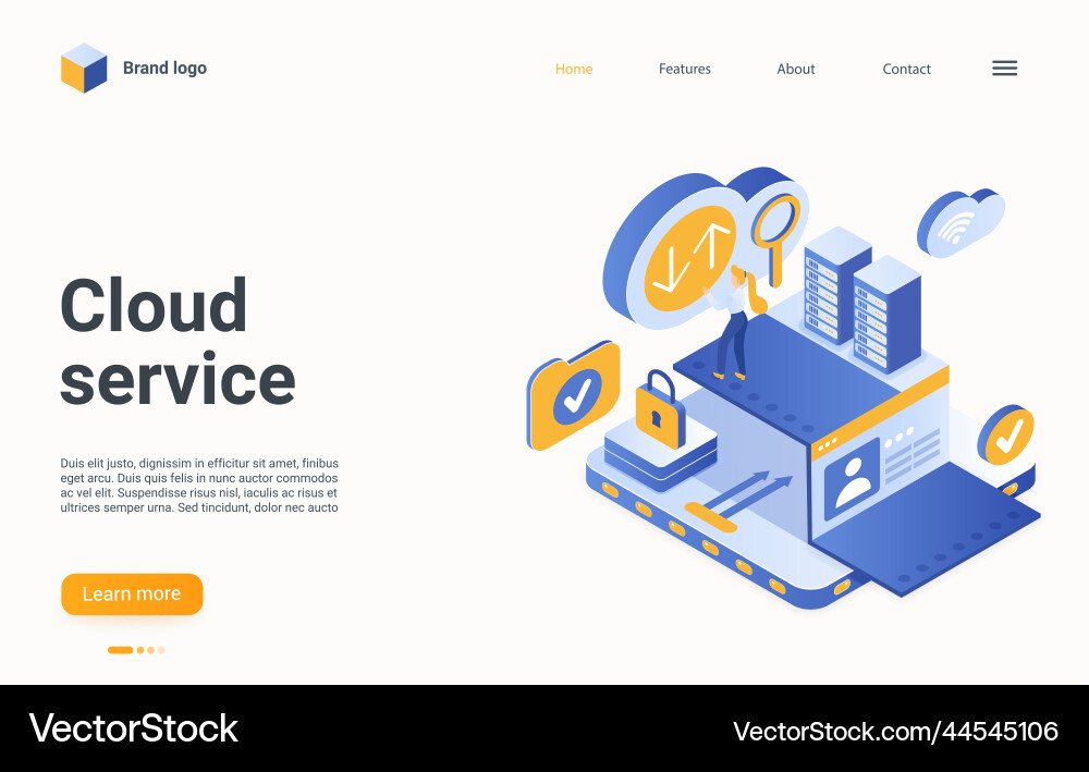 Cloud data service isometric landing page user Cloud data service isometric landing page user Vector Image