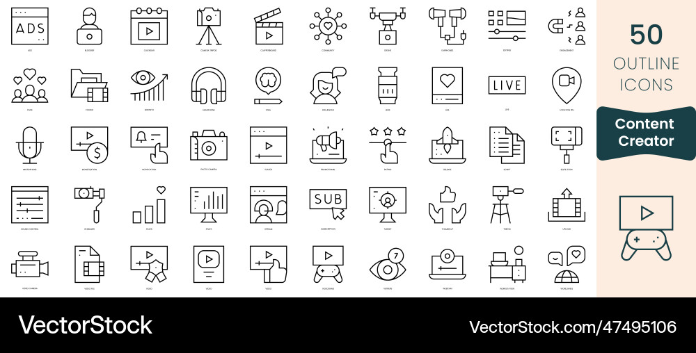 Set of content creator icons thin linear style Set of content creator icons thin linear style Vector Image