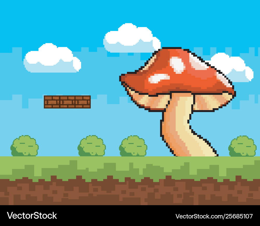 Arcade game world and pixel scene design vector image