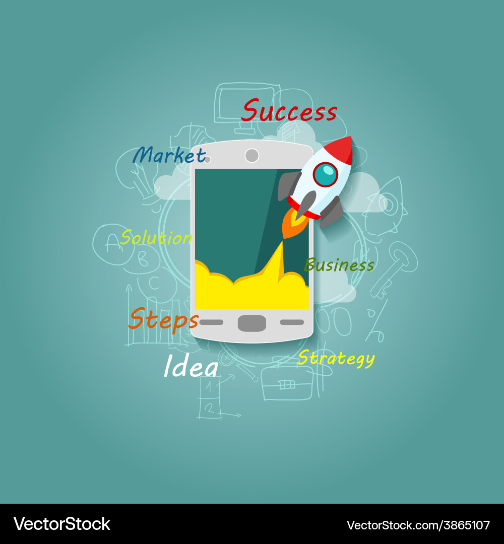 Flat elements with phone and rocket Vector Image