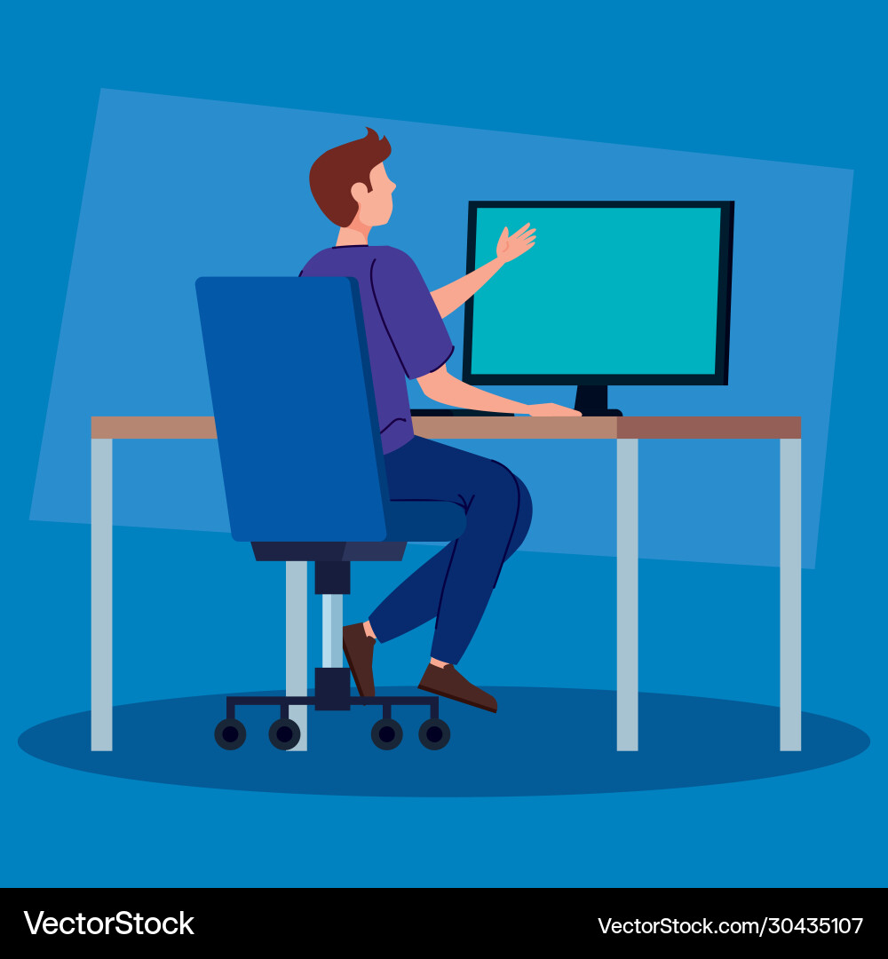 Man working in telecommuting with desk Man working in telecommuting with desk Vector Image