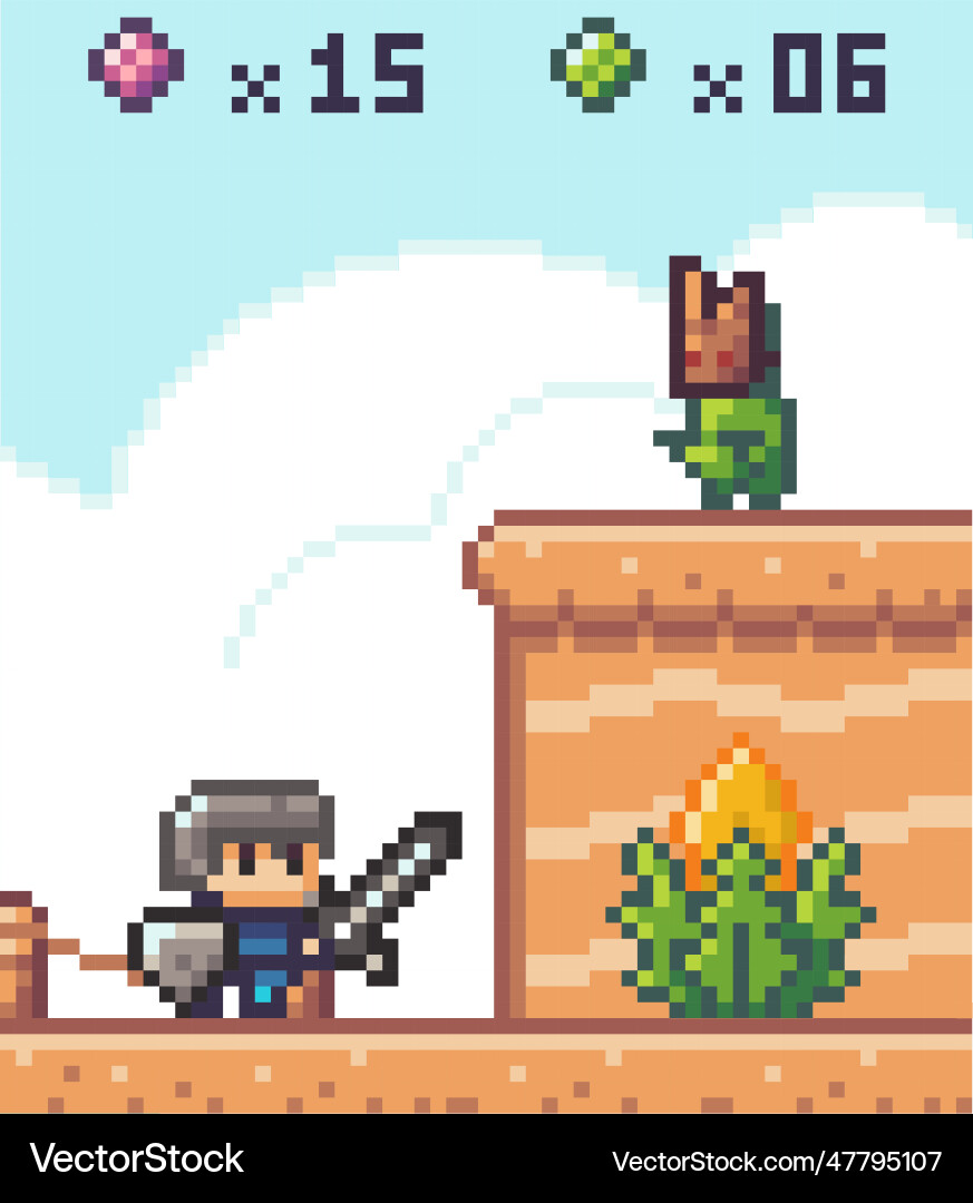 Pixel game interface knight with swird in front Pixel game interface knight with swird in front vector image