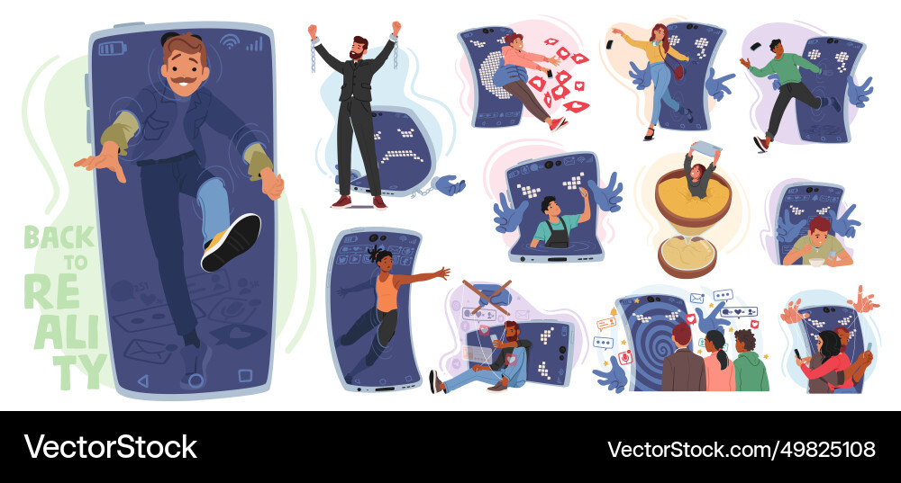Enslaved by screens characters with cellphone Enslaved by screens characters with cellphone vector image