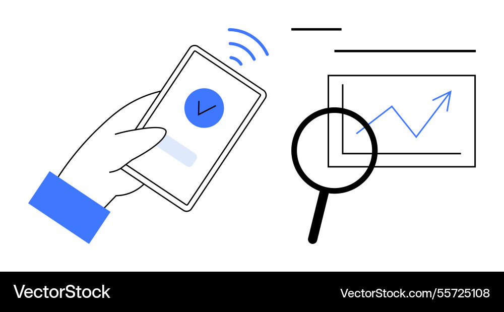 Hand with smartphone approving data and magnifying Hand with smartphone approving data and magnifying vector image