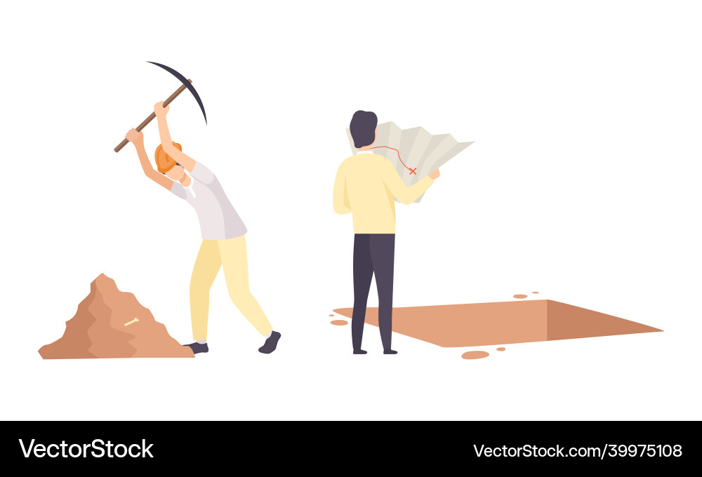 Man archaeologist with map and pickaxe searching Man archaeologist with map and pickaxe searching vector image