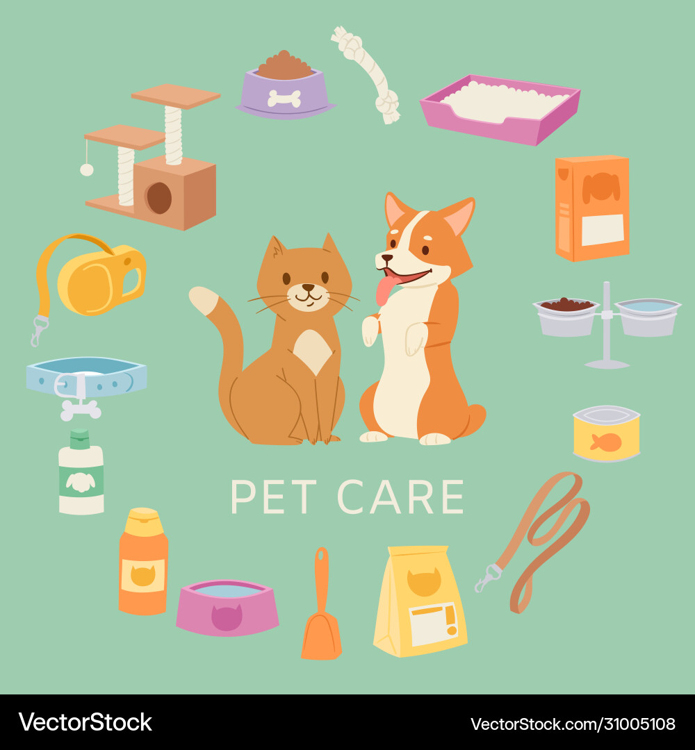 Pet care set for petshop contains toys collar Pet care set for petshop contains toys collar Vector Image