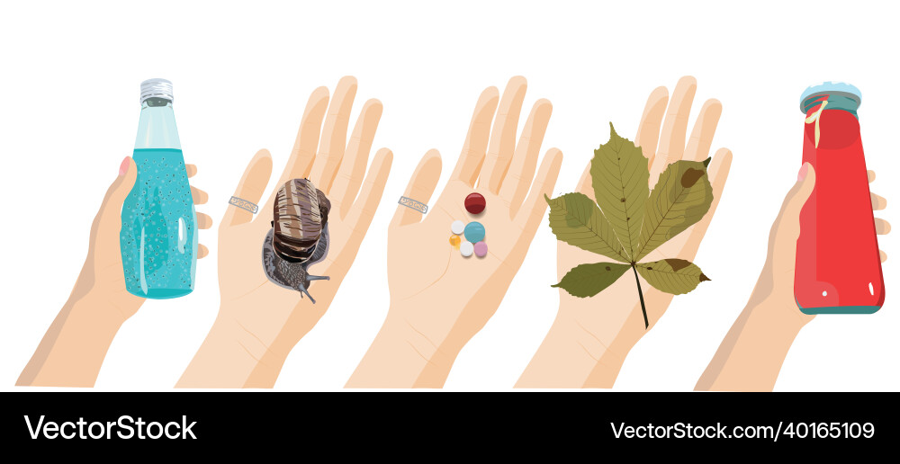 Hands with different objects pills a fallen vector image