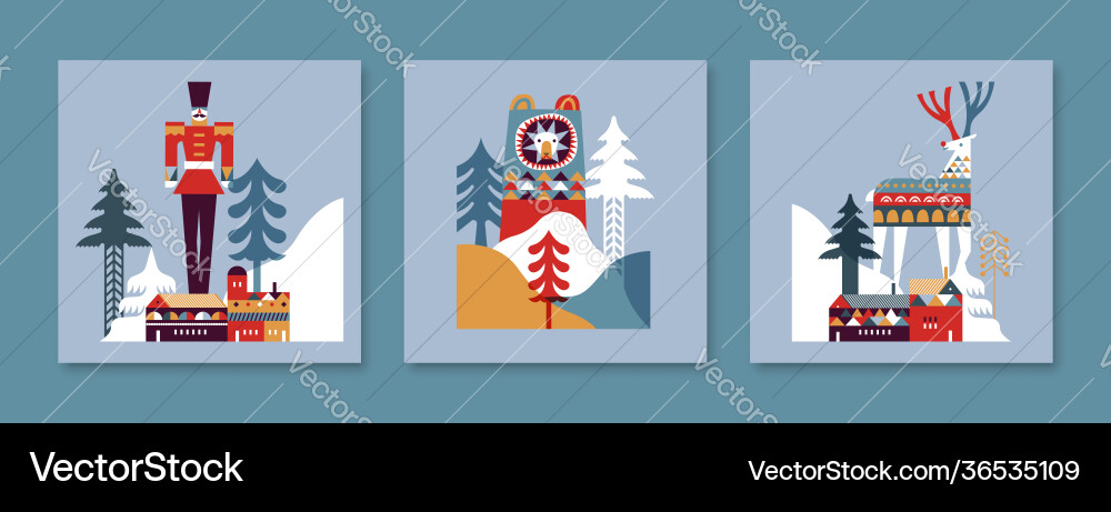 Winterskandinavische Tierwaldkarte Set Winterskandinavische Tierwaldkarte Set vektorbild