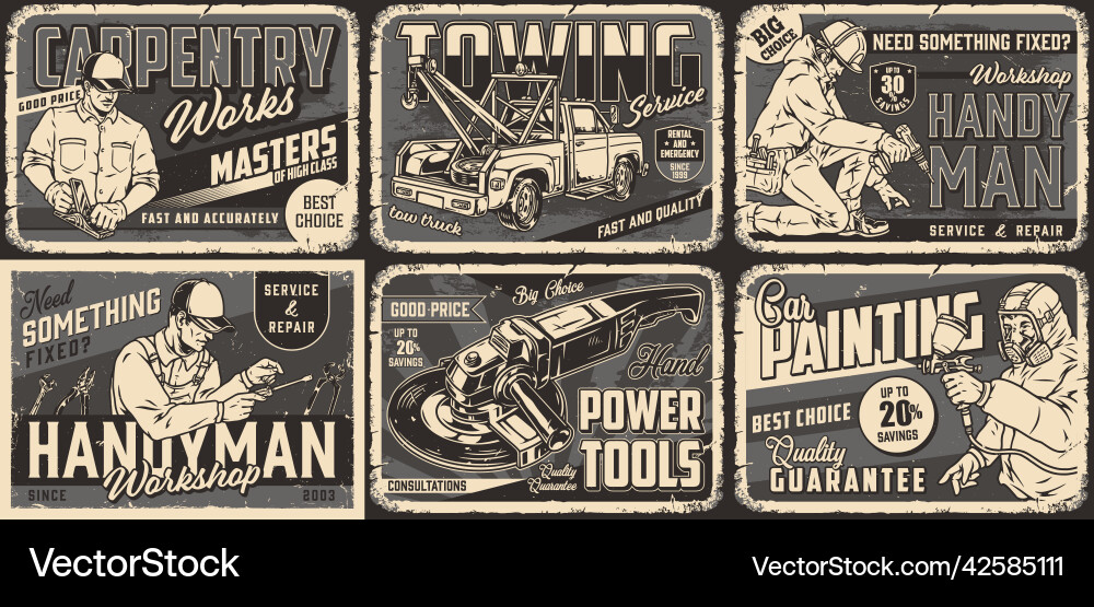 Arbeiter und Werkzeuge monochrome Poster Set Arbeiter und Werkzeuge monochrome Poster Set vektorbild