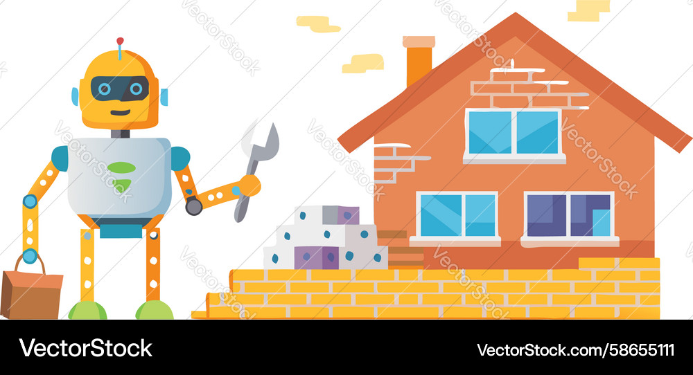 Industrious robot building a house automated Vector Image