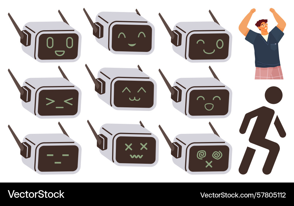 Robot with varied expressions dancing silhouette vector image