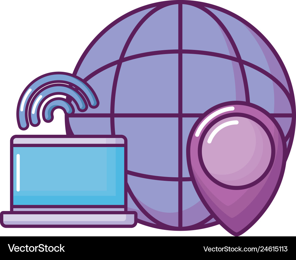 Laptop with planet and pointer location Laptop with planet and pointer location Vector Image