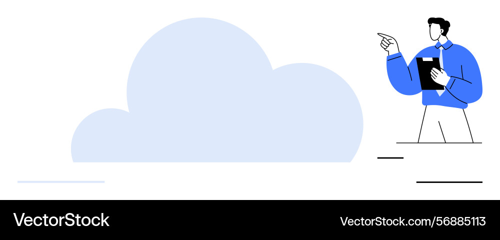 Man pointing at large cloud with clipboard in hand Man pointing at large cloud with clipboard in hand Vector Image