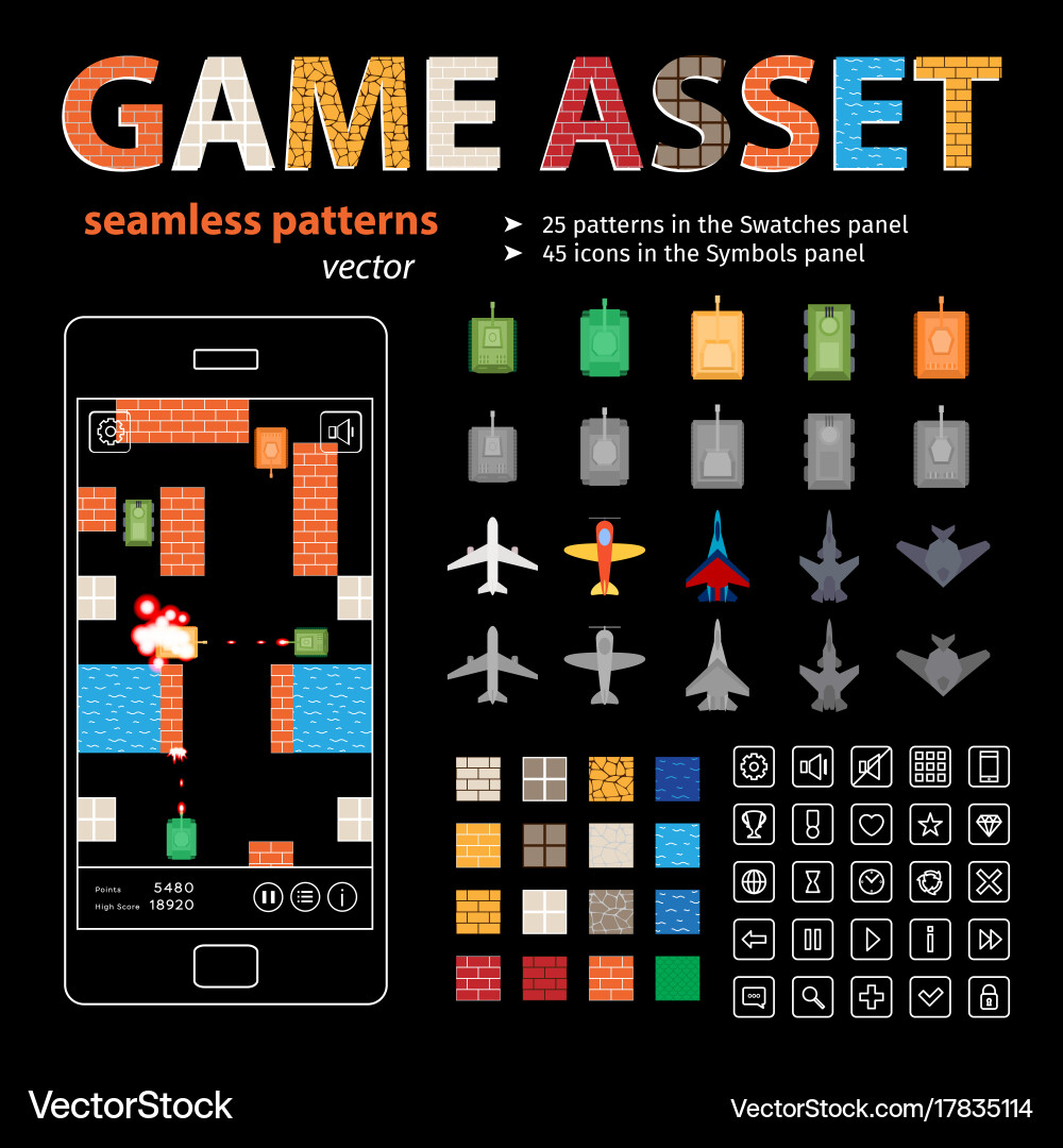 Game asset seamless patterns and sprites Vector Image