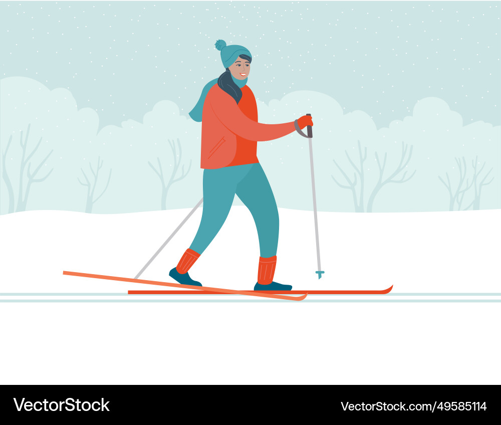 Woman in outerwear skiing the forest Woman in outerwear skiing the forest vector image