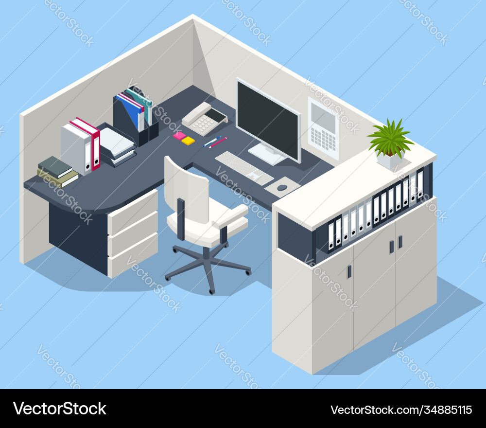 Isometric massive computer table with desktop Isometric massive computer table with desktop vector image