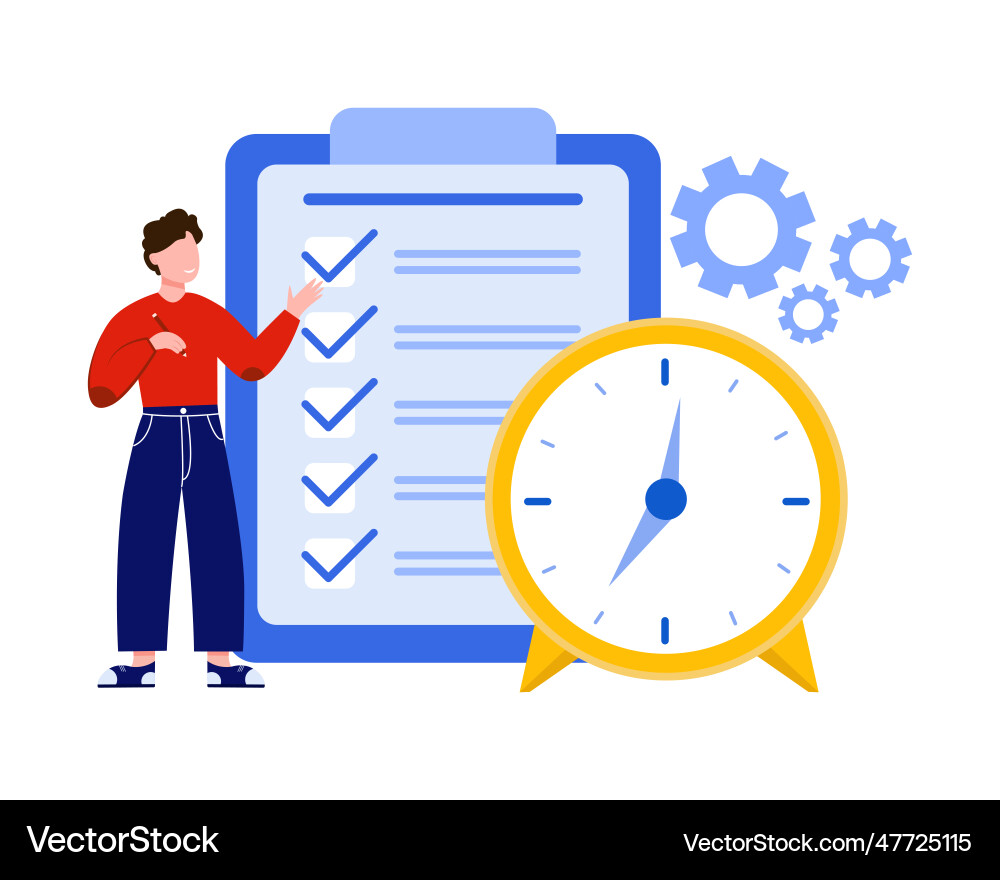 Man standing near checklist and checking work Man standing near checklist and checking work vector image