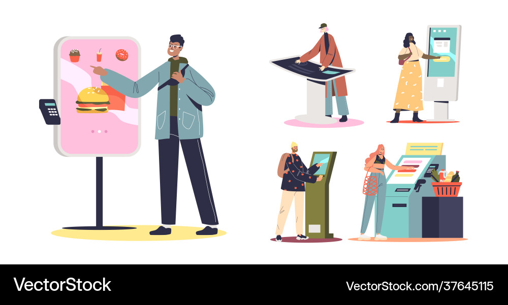 People using self service terminals informational People using self service terminals informational vector image
