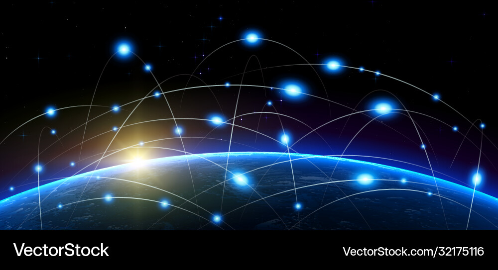Bitcoin and blockchain technology above planet Vector Image