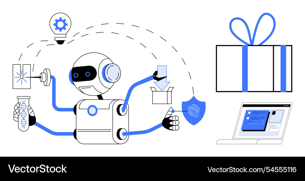 Multifunctional robot performing tasks with icons Multifunctional robot performing tasks with icons vector image