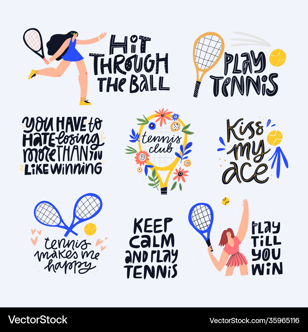 Tennis Zitate positive Mottos flache Schriftsätze Set Tennis Zitate positive Mottos flache Schriftsätze Set vektorbild