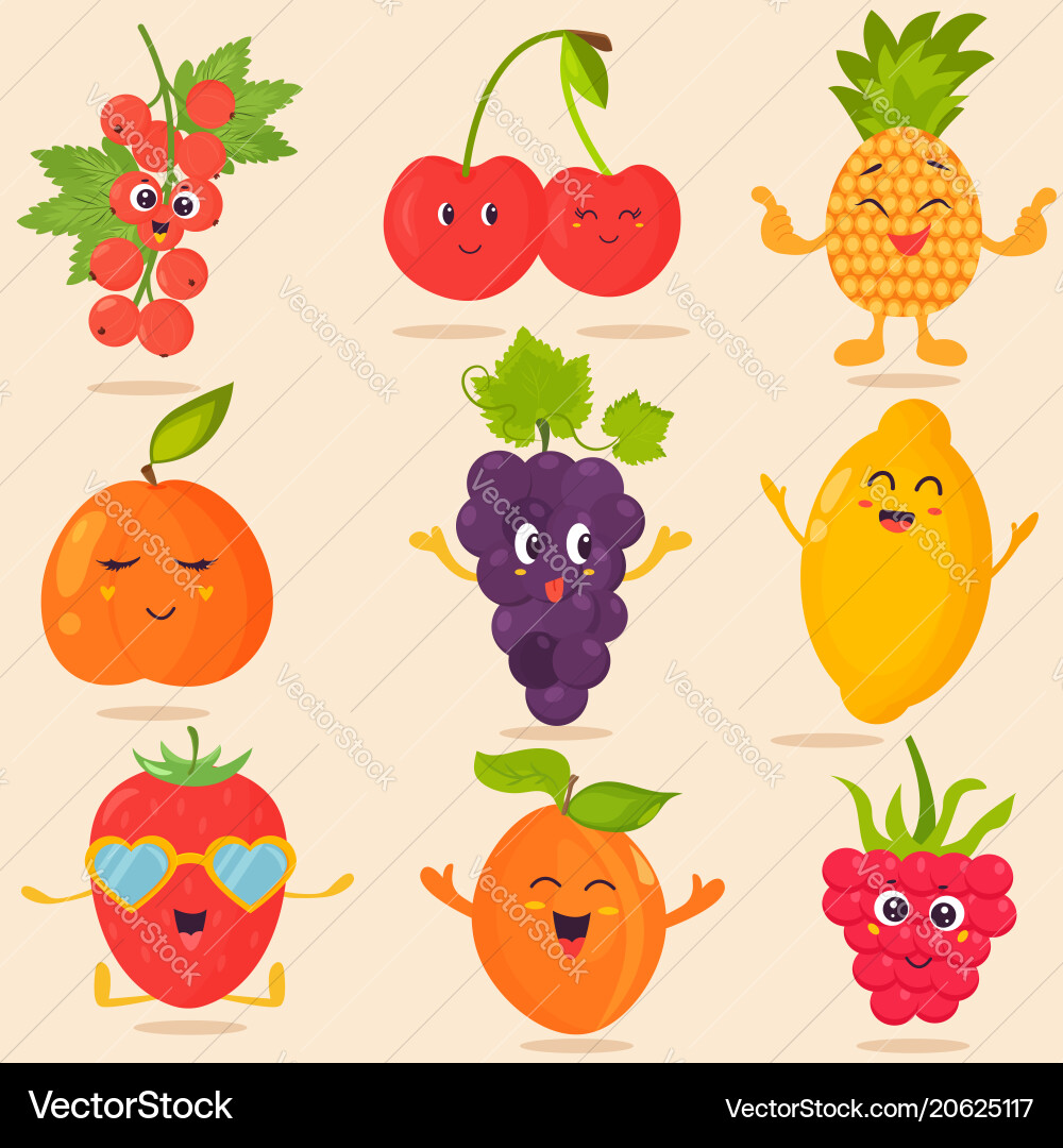Big bright set of funny cartoon fruits Big bright set of funny cartoon fruits vector image