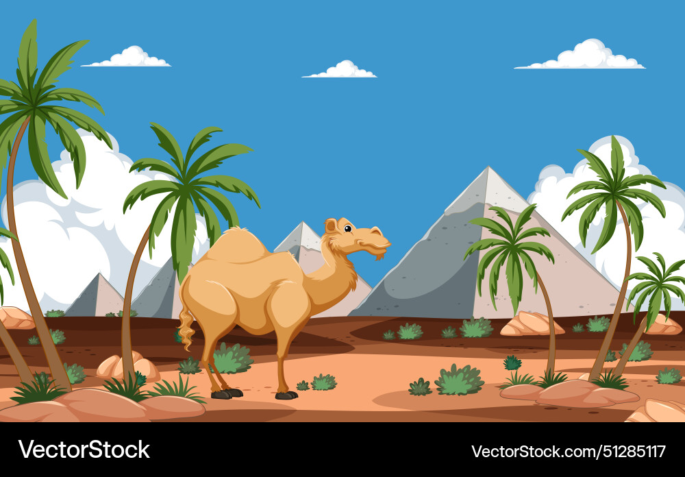 Camel standing in desert with pyramids and palm Camel standing in desert with pyramids and palm vector image