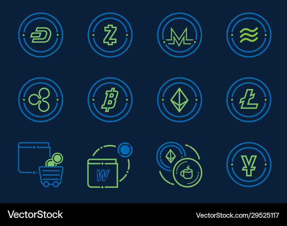 Digital coin and wallet icon set vector image