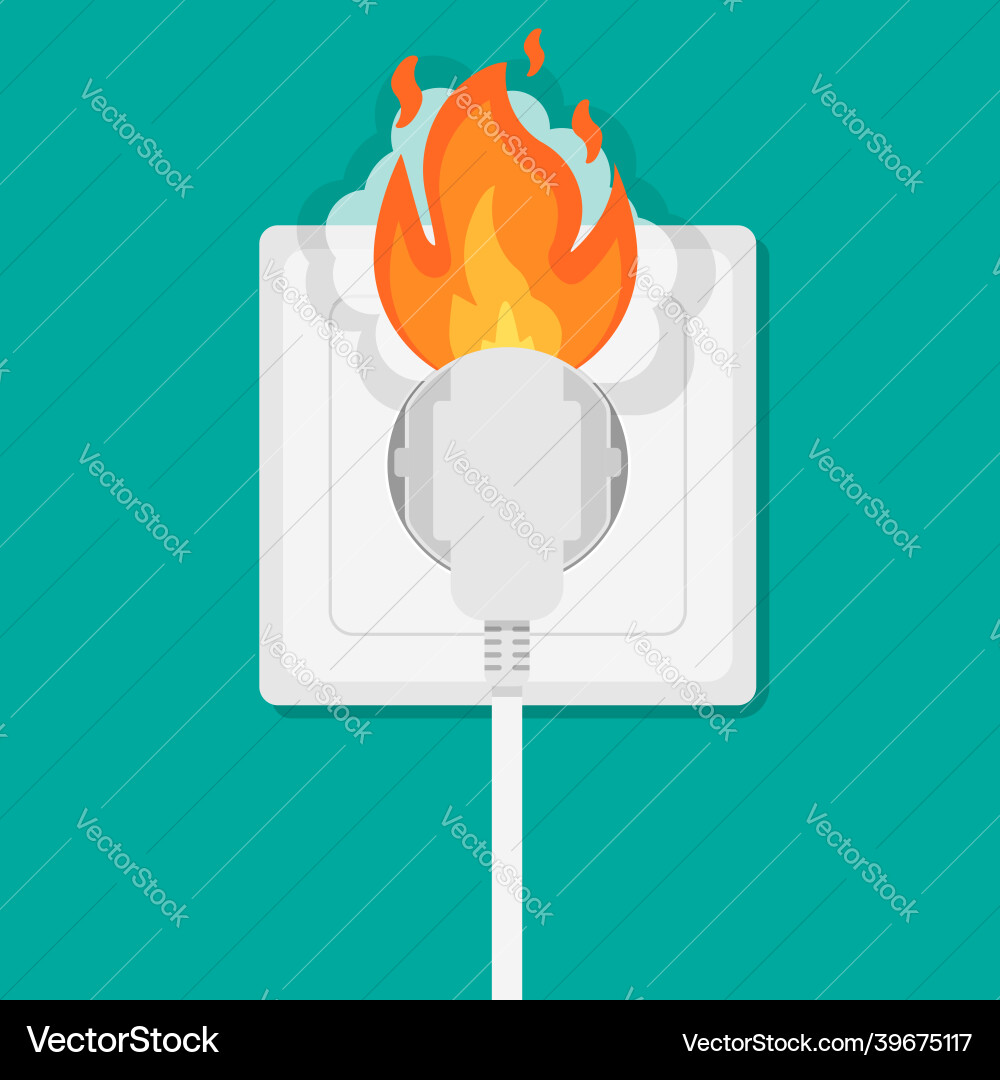 Fire wiring socket and plug on from overload Fire wiring socket and plug on from overload Vector Image
