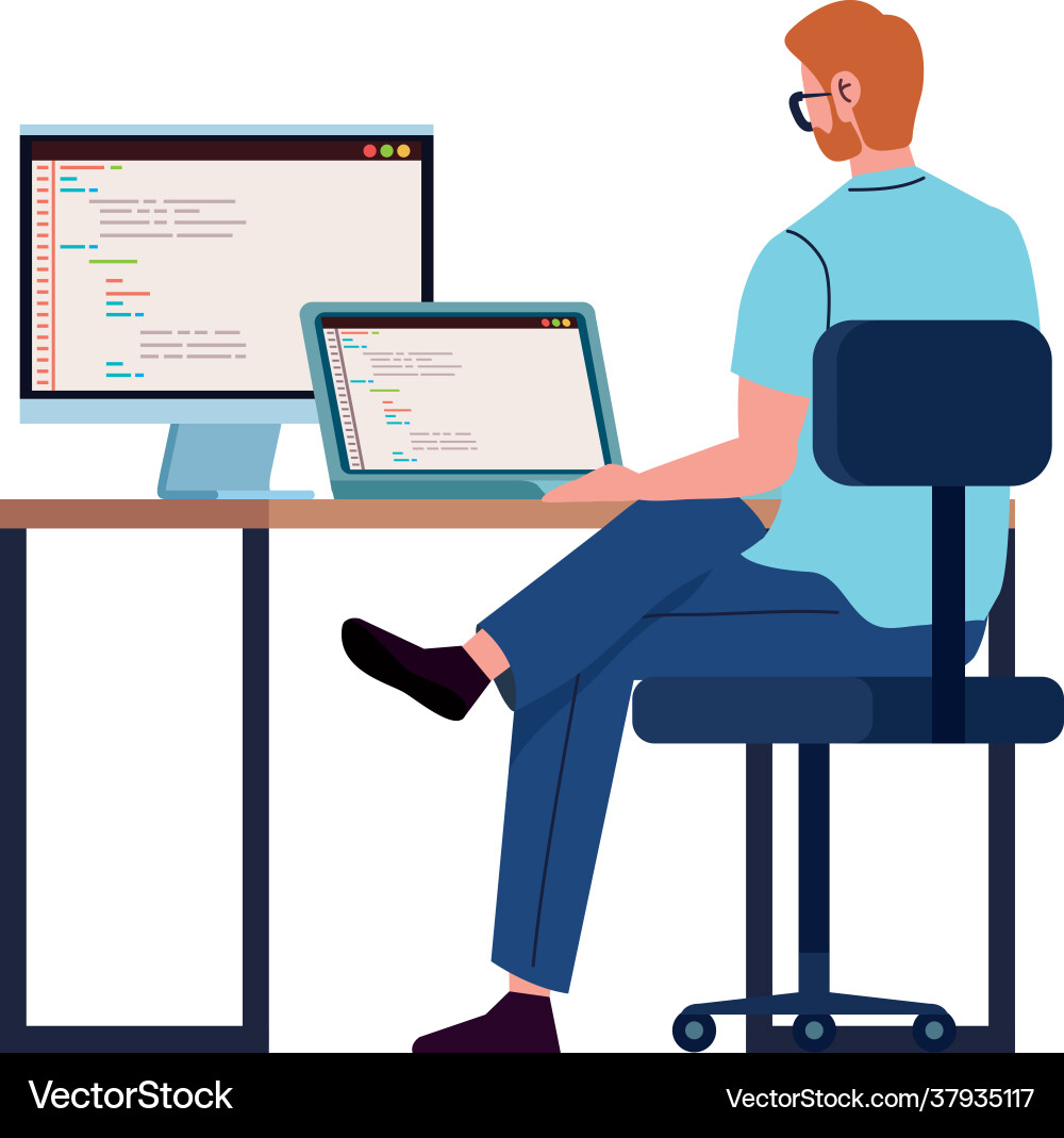 Programmer working with computers vector image
