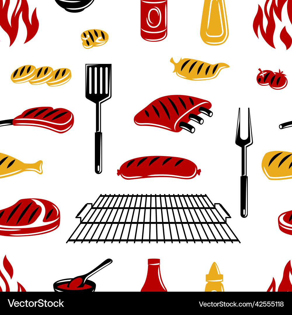Bbq seamless pattern with grill objects and icons Bbq seamless pattern with grill objects and icons Vector Image