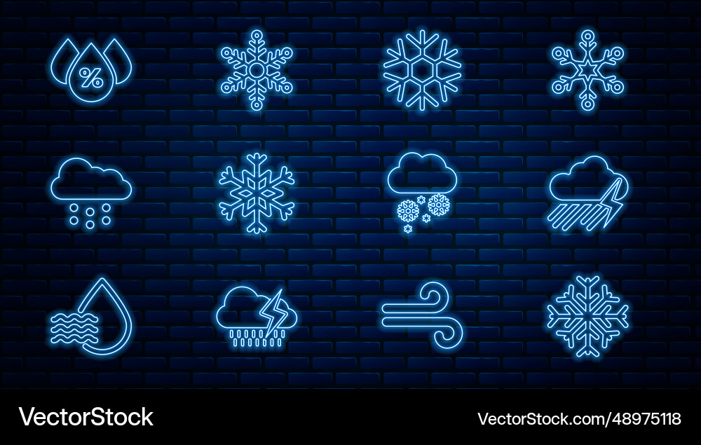 Set line snowflake cloud with rain and lightning Set line snowflake cloud with rain and lightning Vector Image